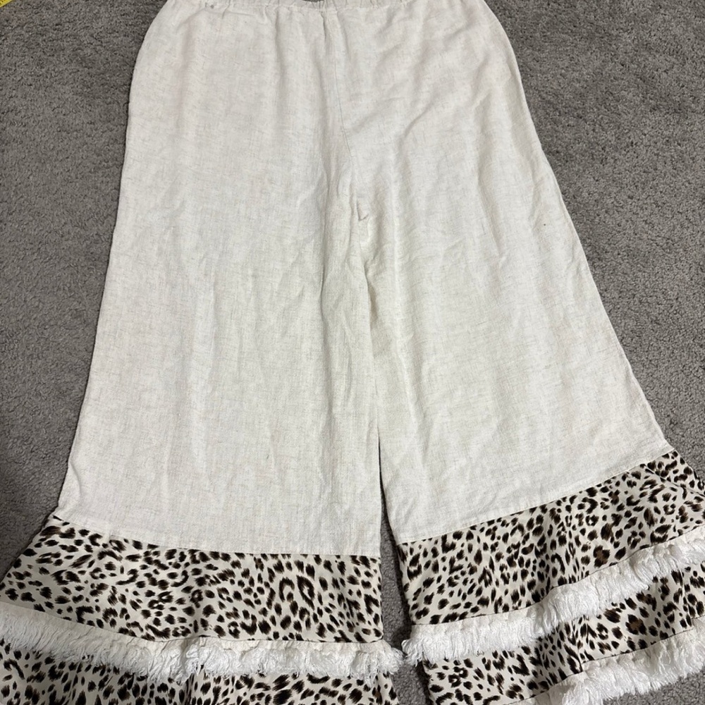 Umgee Linen Blend in Beige with Animal Print Ruffled Hem Pants